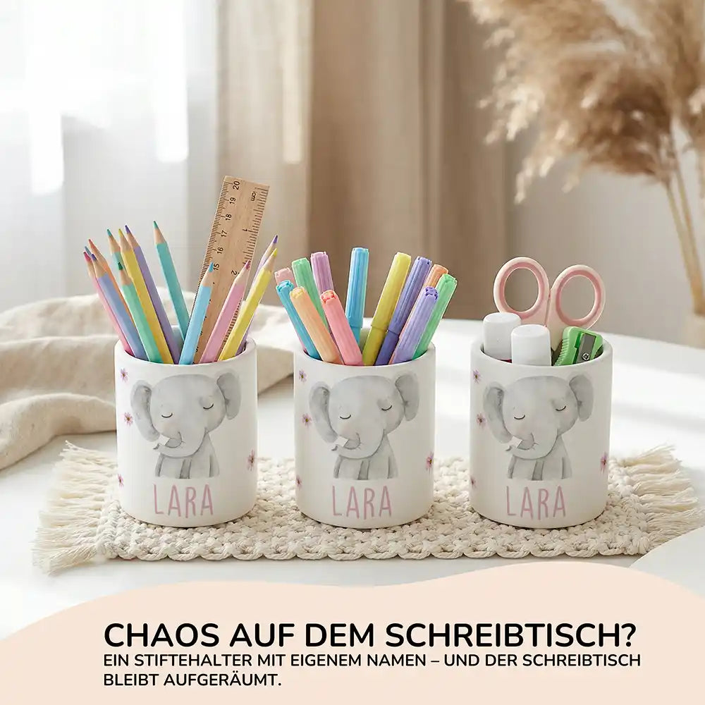 Personalisierter Stiftehalter Elefant Blumen aus Keramik - Wunschname - kidsmuod.com