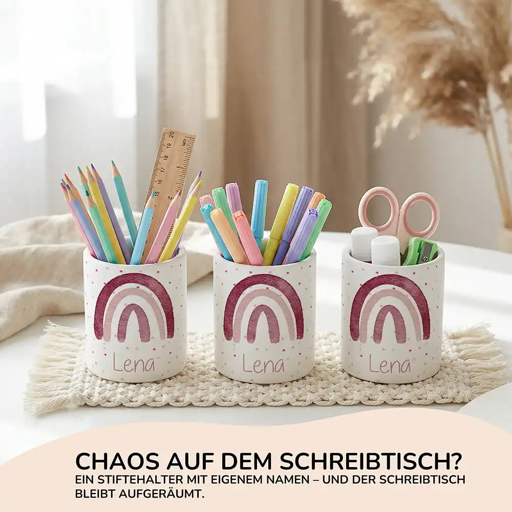 Personalisierter Stiftehalter Regenbogen Rosa aus Keramik - Wunschname - kidsmuod.com