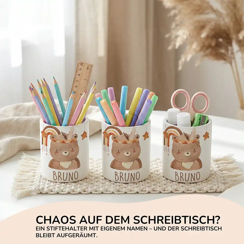 Personalisierter Stiftehalter Boho-Bär aus Keramik - Wunschname - kidsmuod.com