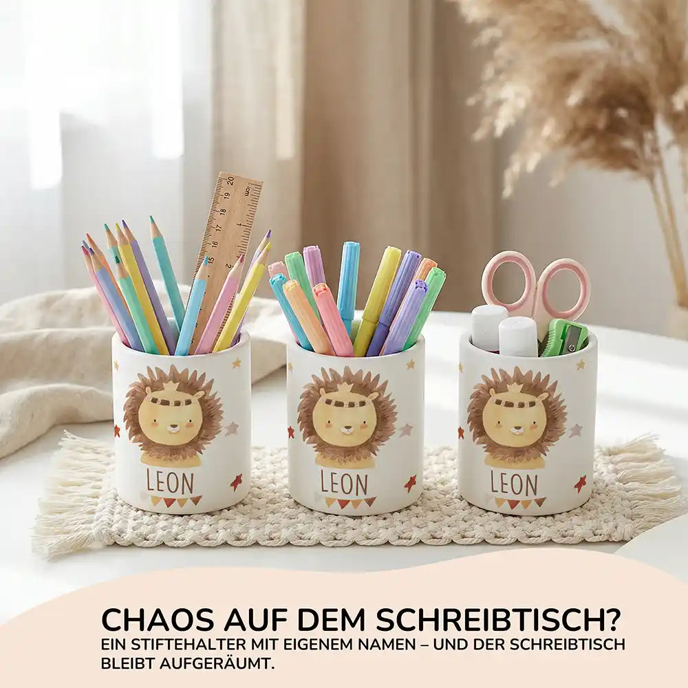 Personalisierter Stiftehalter Löwe Boho aus Keramik - Wunschname - kidsmuod.com