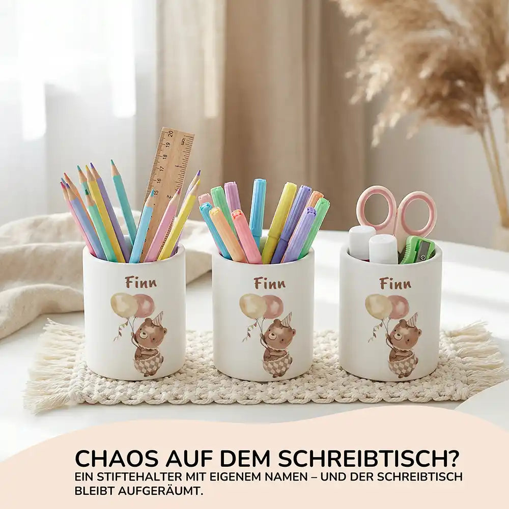 Personalisierter Stiftehalter Bär Geburtstag aus Keramik - Wunschname - kidsmuod.com