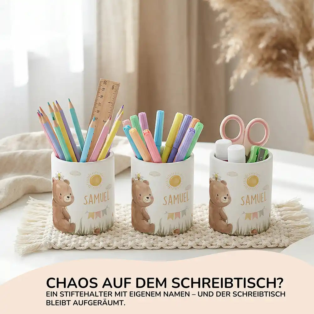 Personalisierter Stiftehalter Bär Sommer aus Keramik - Wunschname - kidsmuod.com