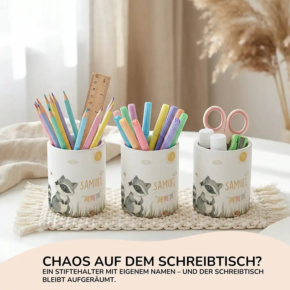 Personalisierter Stiftehalter Waschbär Sommer aus Keramik - Wunschname - kidsmuod.com