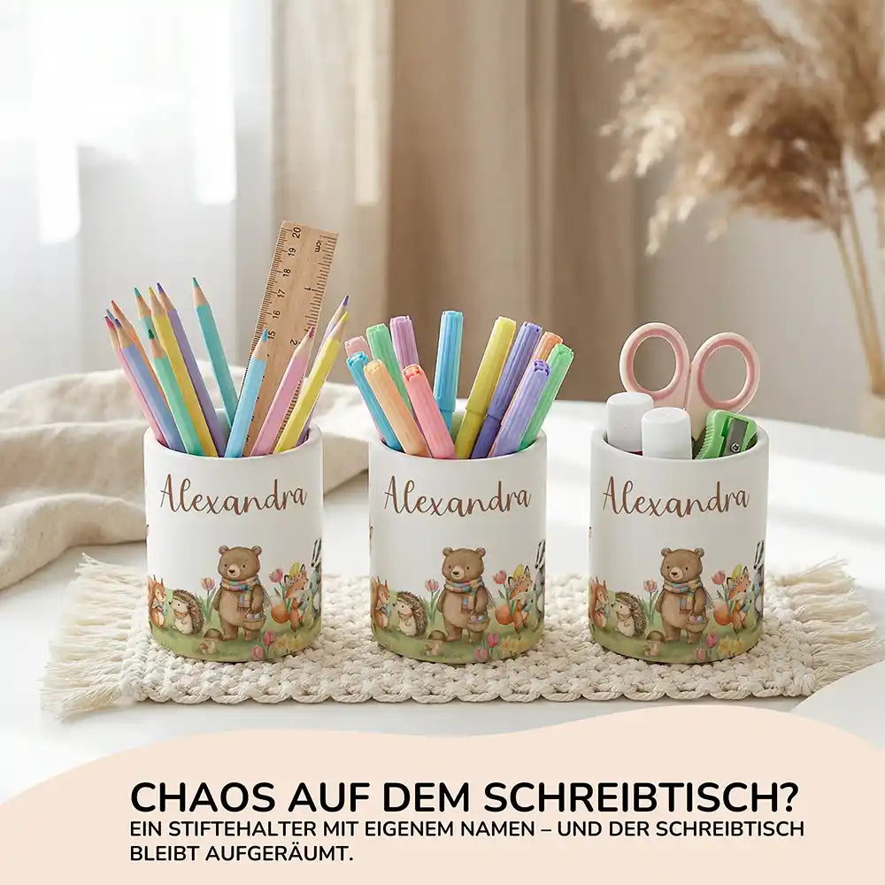 Personalisierter Stiftehalter Herbst-Waldtiere aus Keramik - Wunschname - kidsmuod.com