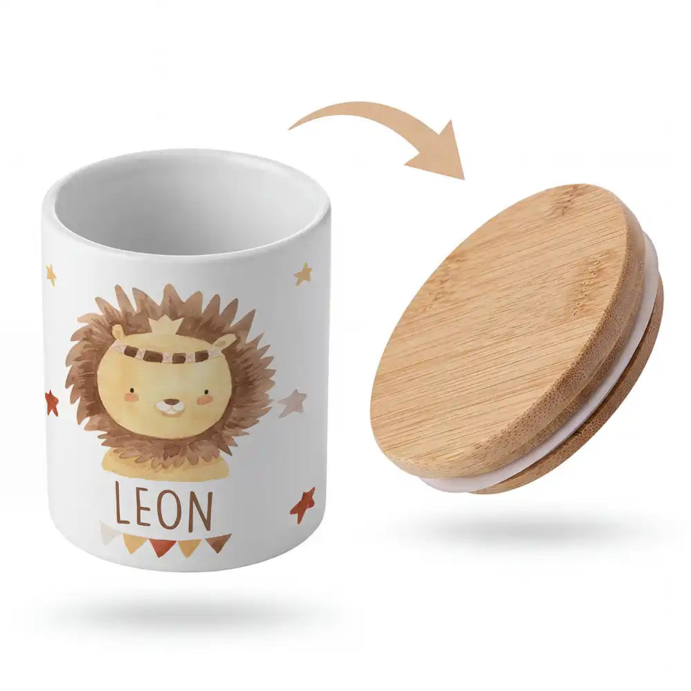 Keramik-Keksdose Löwe Boho mit Wunschnamen - Kinderzimmer-Geschenk