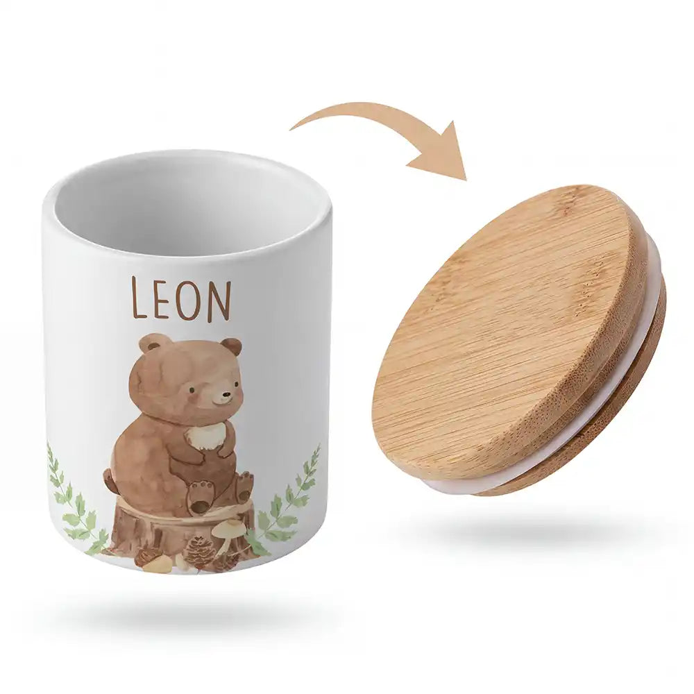 Keramik-Keksdose Bär Wald mit Wunschnamen - Kinderzimmer-Geschenk