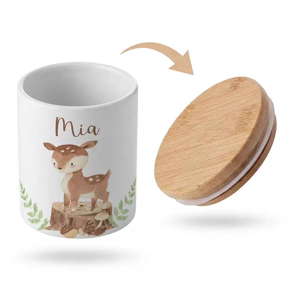Keramik-Keksdose Rehkitz Wald mit Wunschnamen - Kinderzimmer-Geschenk