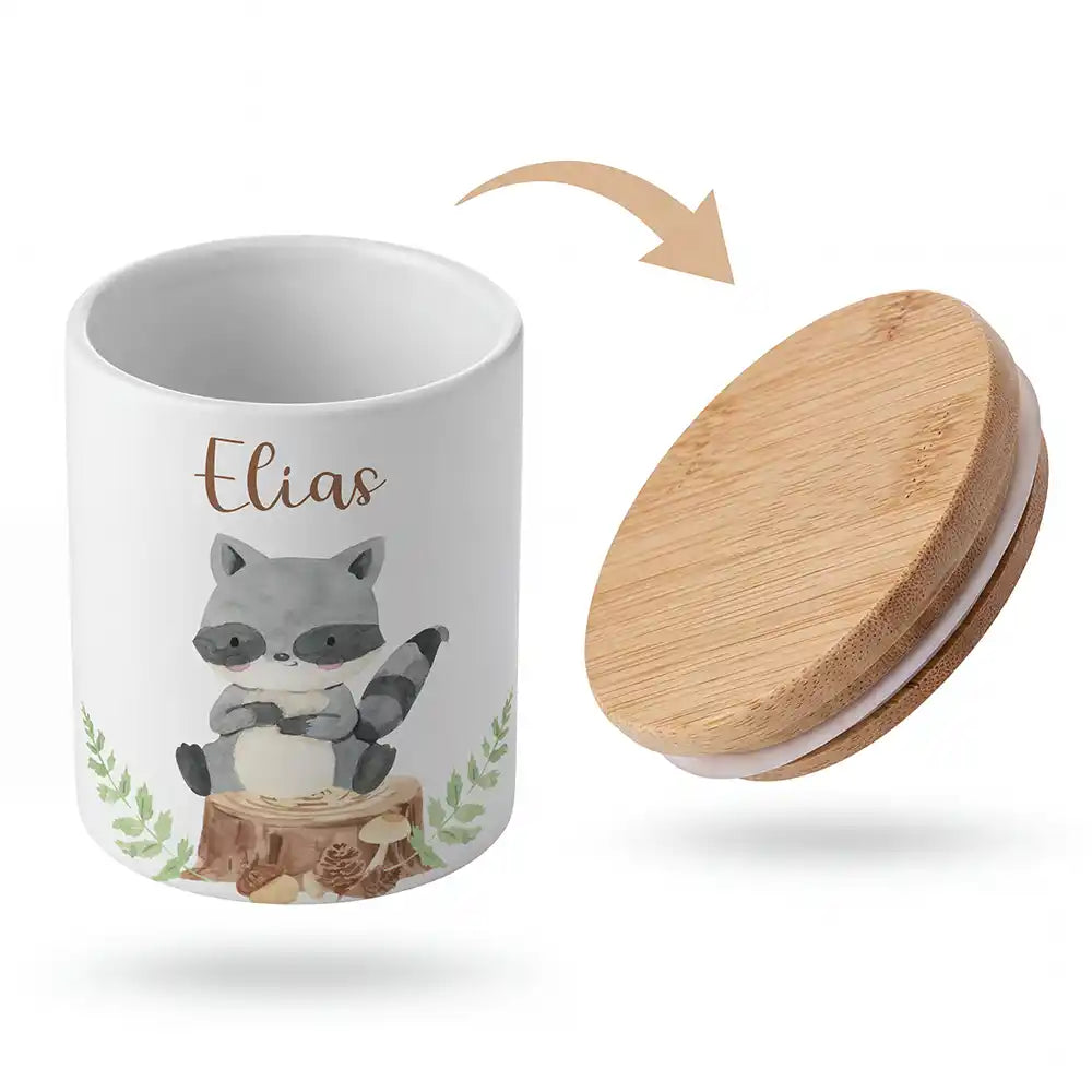 Keramik-Keksdose Waschbär Wald mit Wunschnamen - Kinderzimmer-Geschenk