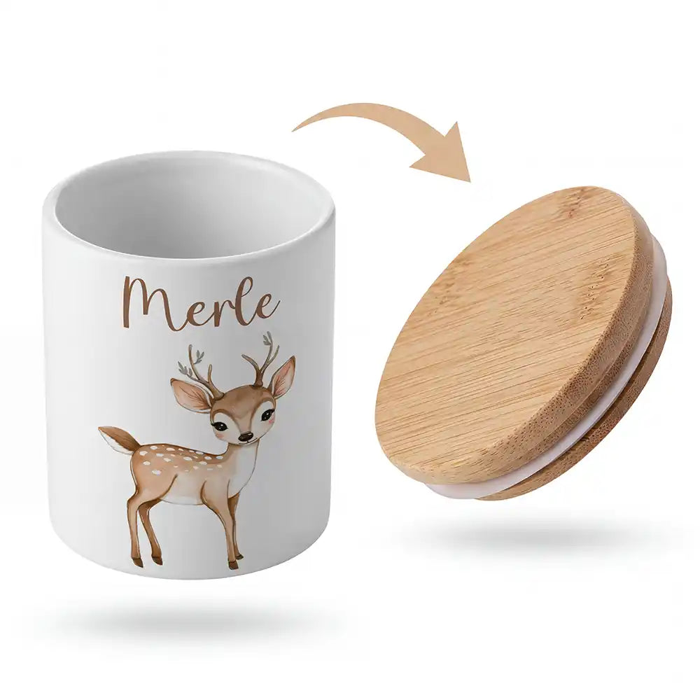 Keramik-Keksdose Rehkitz Bambi mit Wunschnamen - Kinderzimmer-Geschenk