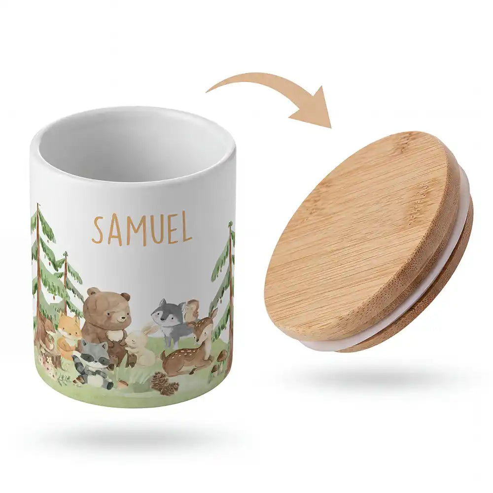 Keramik-Keksdose Waldfreunde II mit Wunschnamen - Kinderzimmer-Geschenk