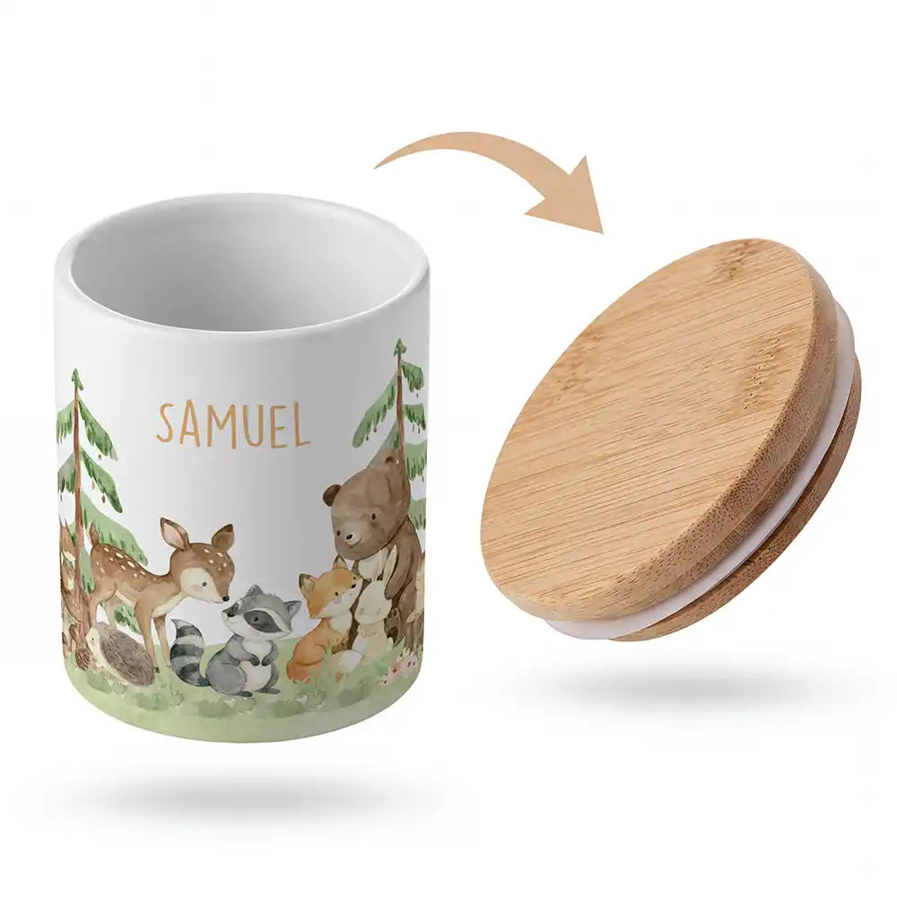 Keramik-Keksdose Waldfreunde III mit Wunschnamen - Kinderzimmer-Geschenk