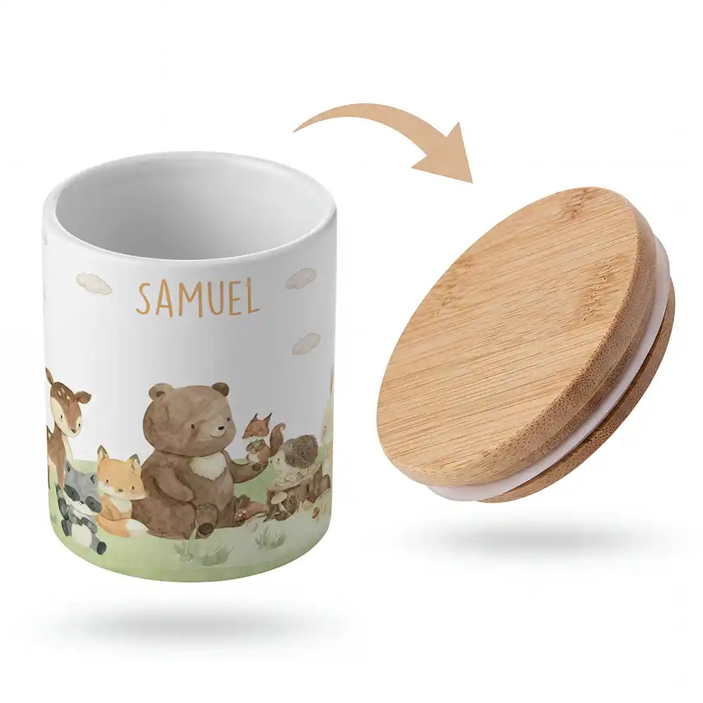 Keramik-Keksdose Waldfreunde IV mit Wunschnamen - Kinderzimmer-Geschenk