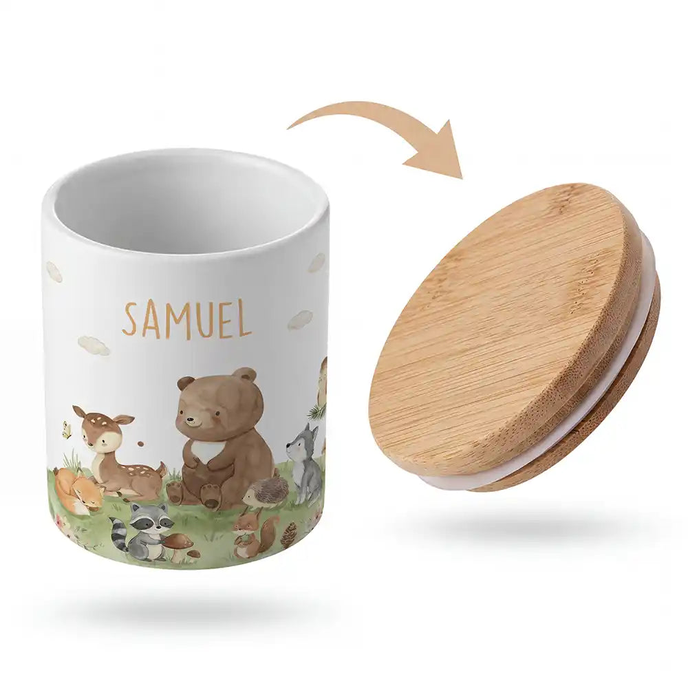 Keramik-Keksdose Waldfreunde VI mit Wunschnamen - Kinderzimmer-Geschenk