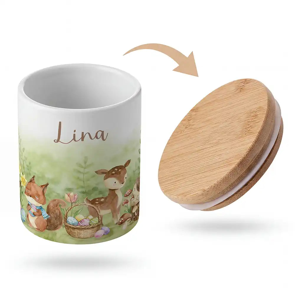 Keramik-Keksdose Ostern Reh & Fuchs mit Wunschnamen - Kinderzimmer-Geschenk