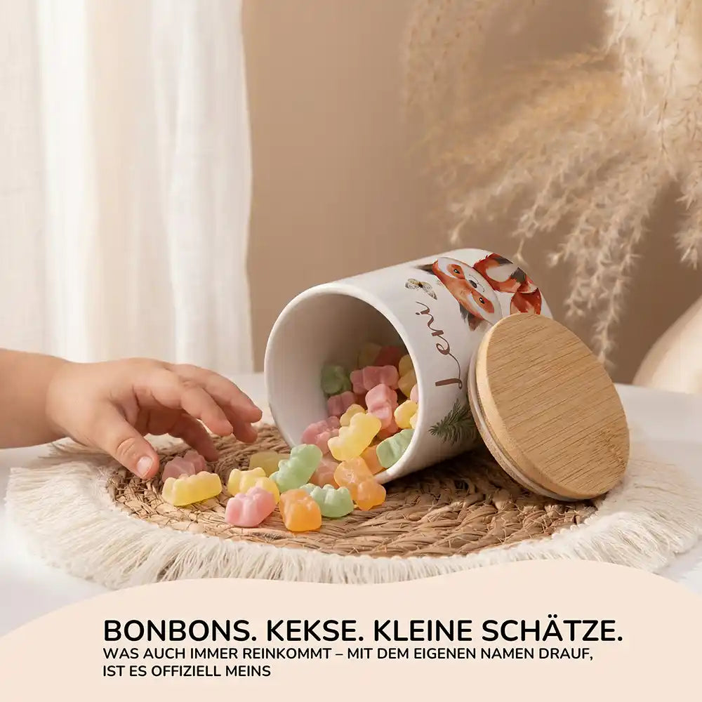Personalisierte Keksdose Roter Panda & Eule - Seitenansicht mit Bambusdeckel