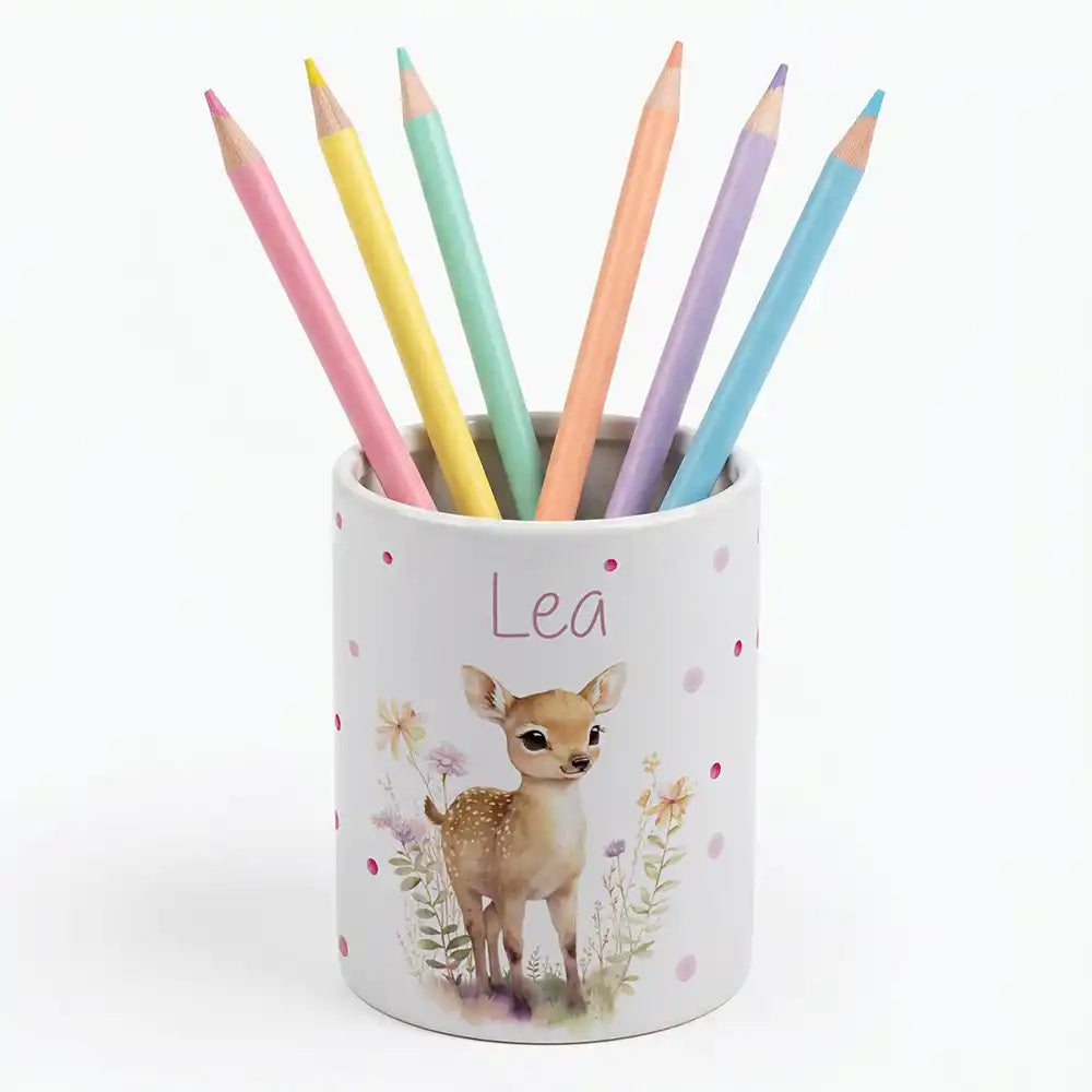 Personalisierter Stiftehalter Rehkitz Blumenwiese - Keramik-Dose (auch als Spardose nutzbar)