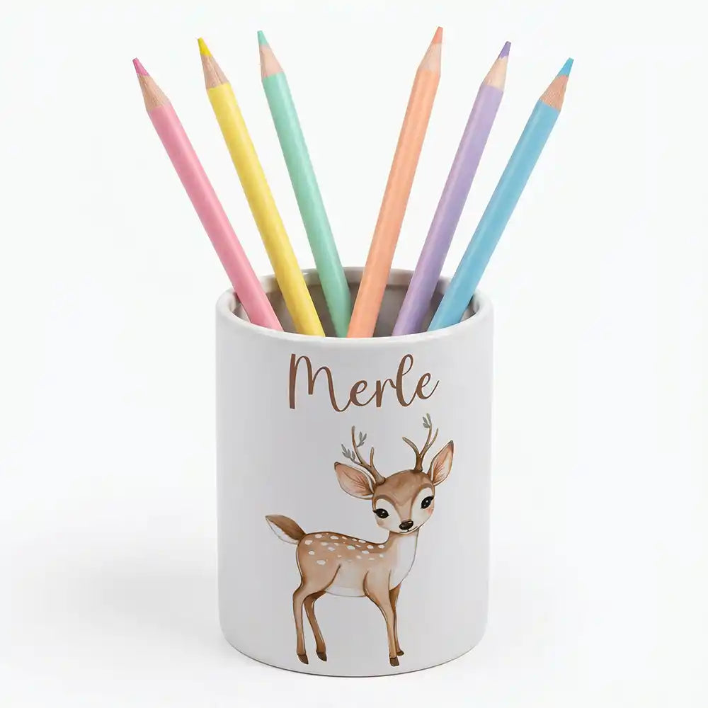 Personalisierter Stiftehalter Rehkitz Bambi - Keramik-Dose (auch als Spardose nutzbar)