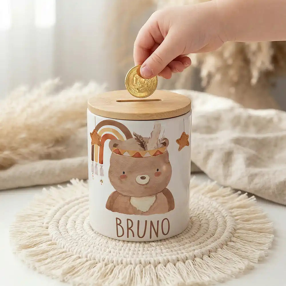 Personalisierte Spardose Boho-Bär – Keramik & Bambus mit Wunschname