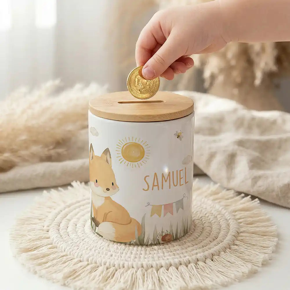 Personalisierte Spardose Fuchs Sommer – Keramik & Bambus mit Wunschname
