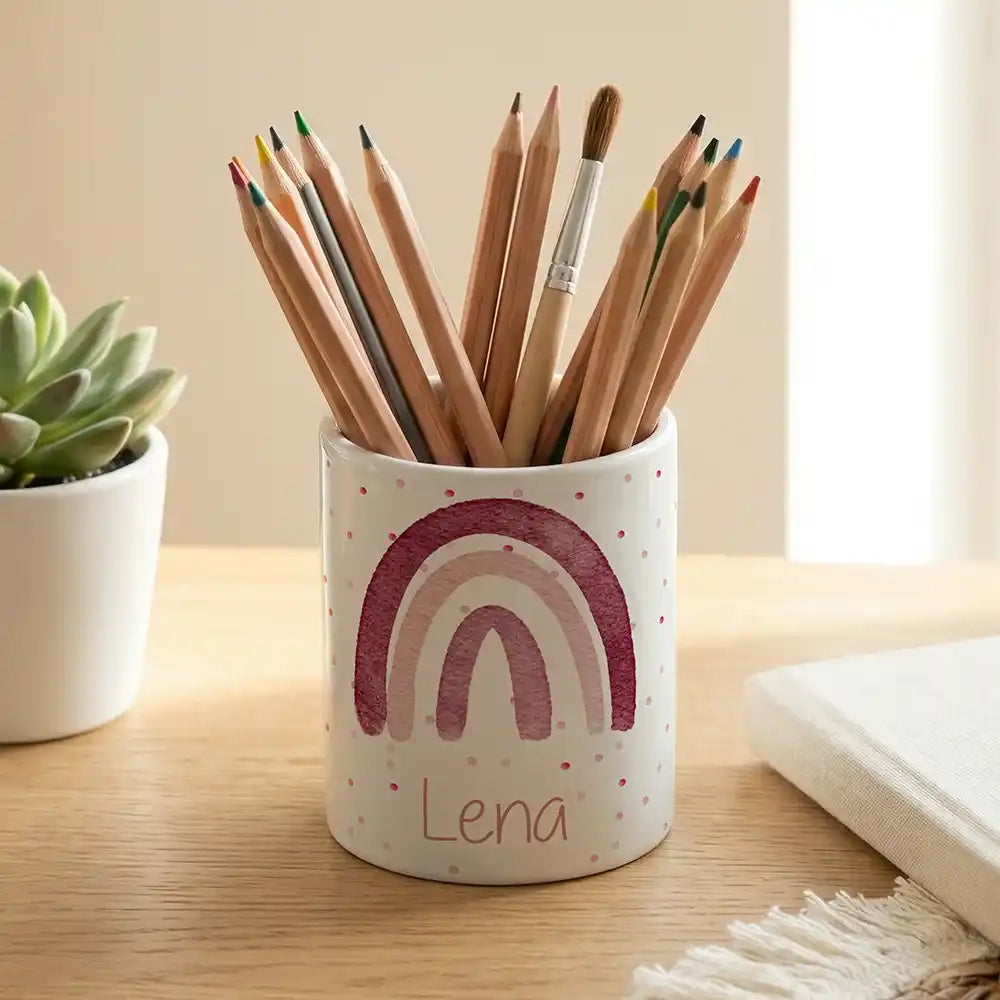 Personalisierter Stiftehalter Regenbogen Rosa - Keramik weiß-matt - Detailansicht