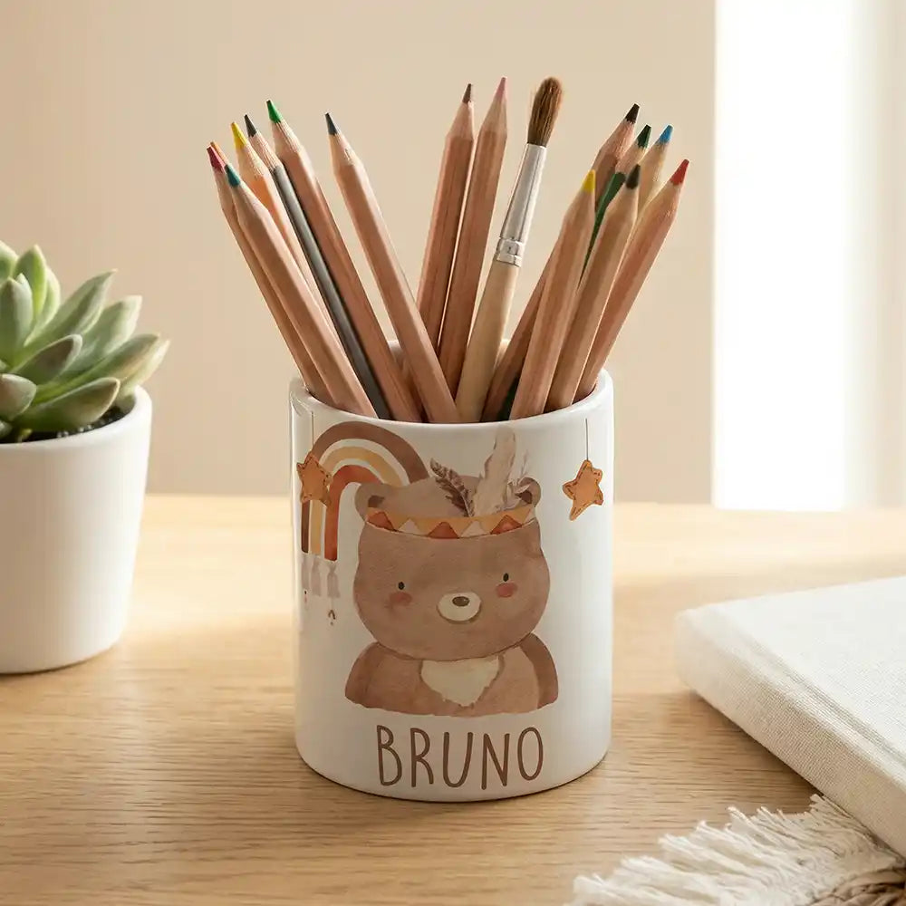 Personalisierter Stiftehalter Boho-Bär - Keramik weiß-matt - Detailansicht