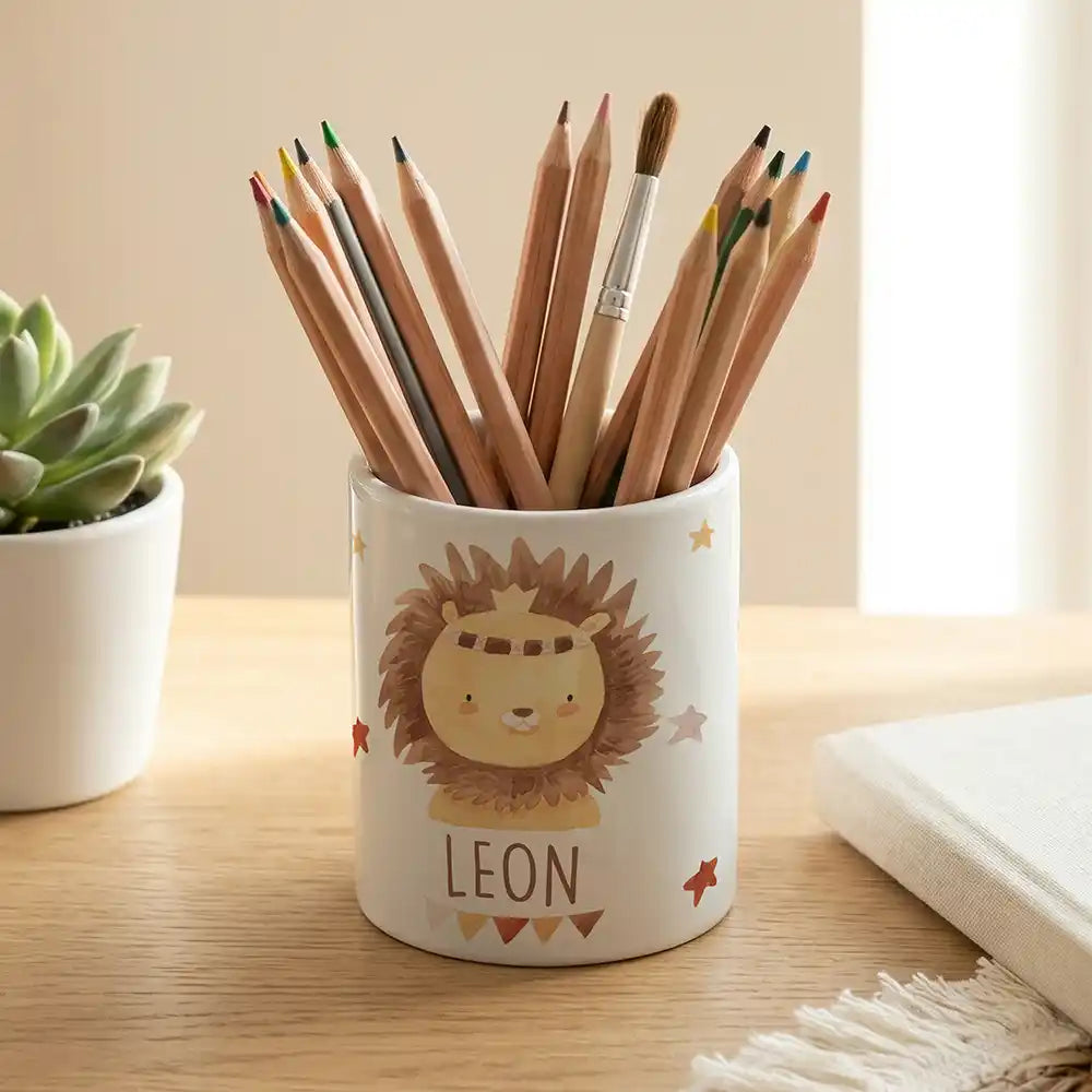 Personalisierter Stiftehalter Löwe Boho - Keramik weiß-matt - Detailansicht