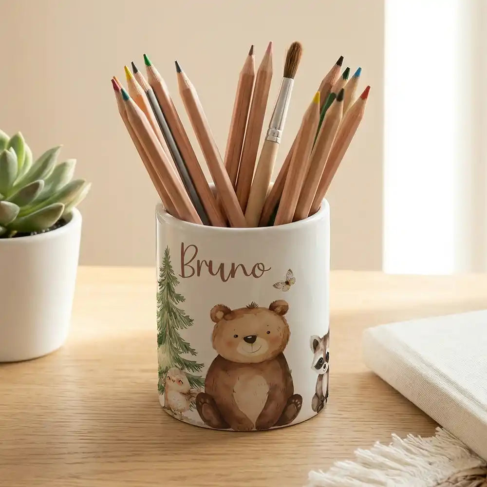 Personalisierter Stiftehalter Bär & Waschbär - Keramik weiß-matt - Detailansicht