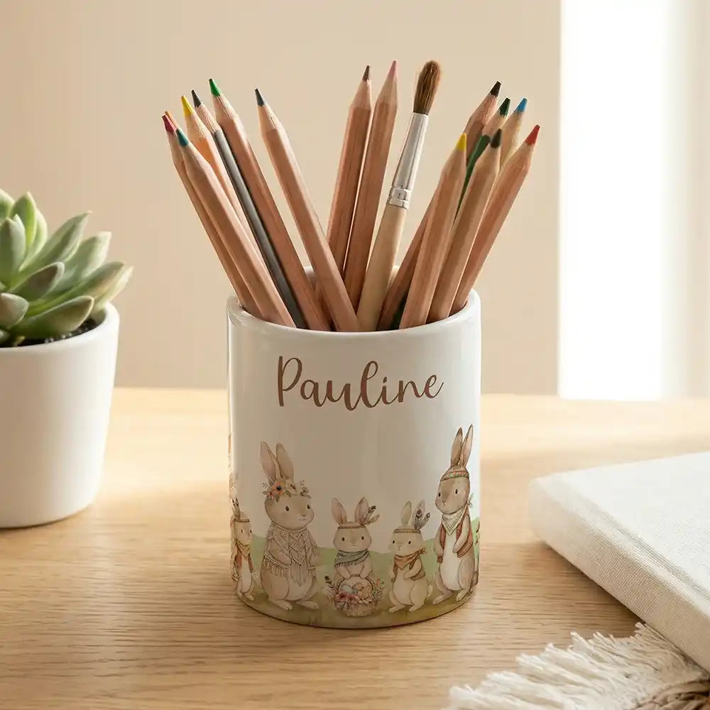 Personalisierter Stiftehalter Boho-Hasen - Keramik weiß-matt - Detailansicht