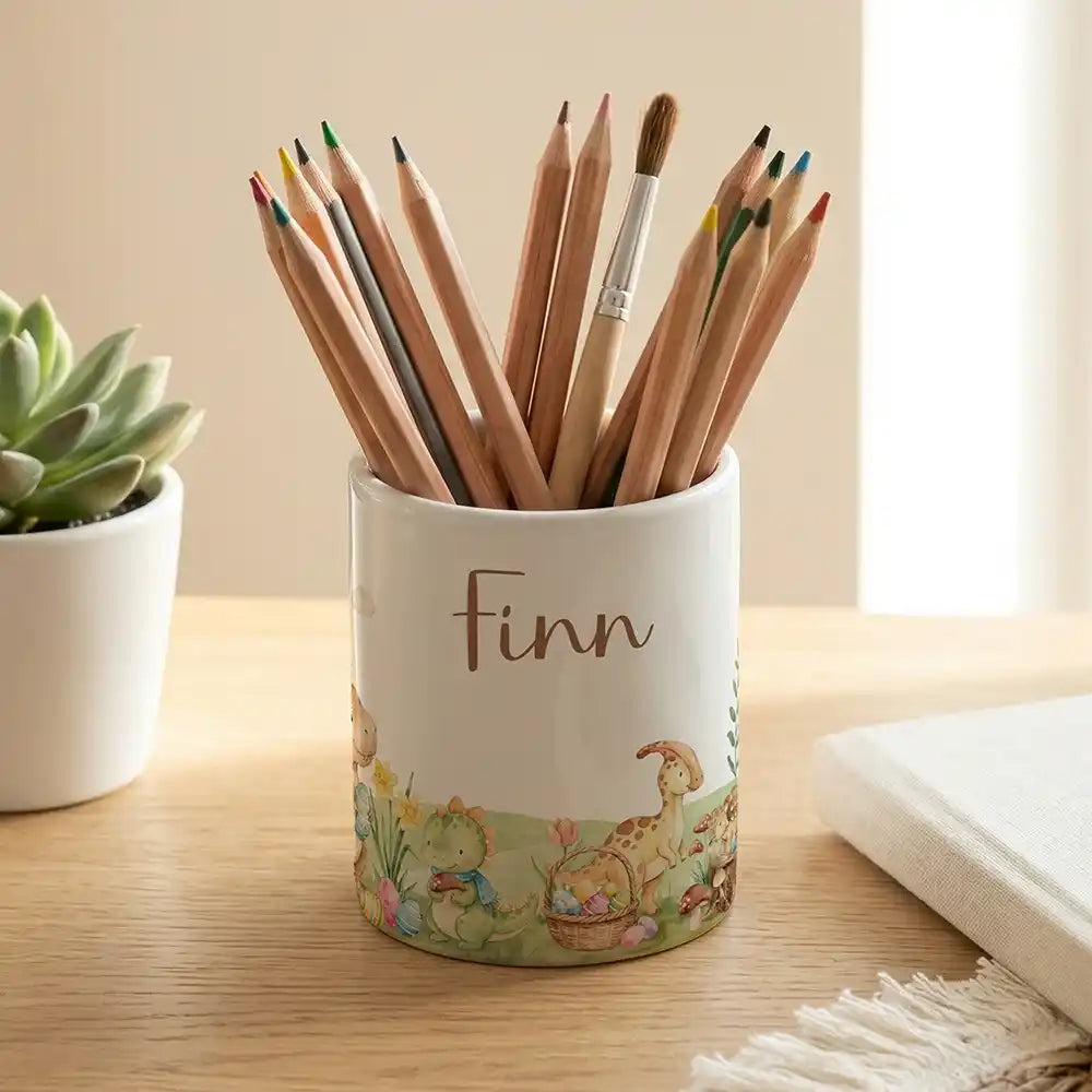 Personalisierter Stiftehalter Dinos Ostern - Keramik weiß-matt - Detailansicht