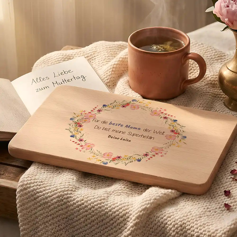 Personalisiertes Frühstücksbrettchen Muttertag Wildblumenkranz Beste Mama – Buchenholz-Studio mit Wunschname