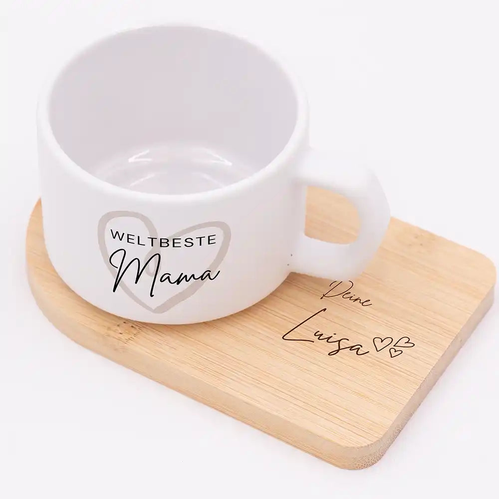 Muttertagsgeschenk Keramikbecher Weltbeste Mama Herz – matter Keramikbecher personalisiert mit Bambus-Untersetzer Gravur