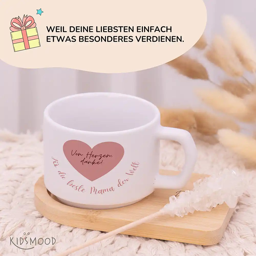 Keramiktasse made in Hamburg Von Herzen danke – Rosa Herz – Bambus-Untersetzer personalisiert
