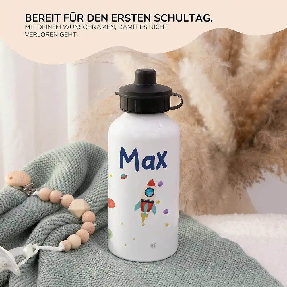 Personalisierte Trinkflasche Kinder Rakete Weltall – 2in1 zur Einschulung