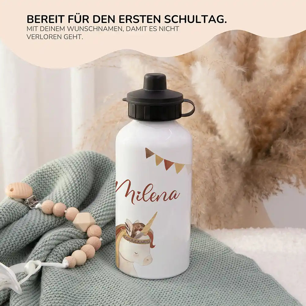 Personalisierte Trinkflasche Kinder Einhorn Indianer – 2in1 zur Einschulung