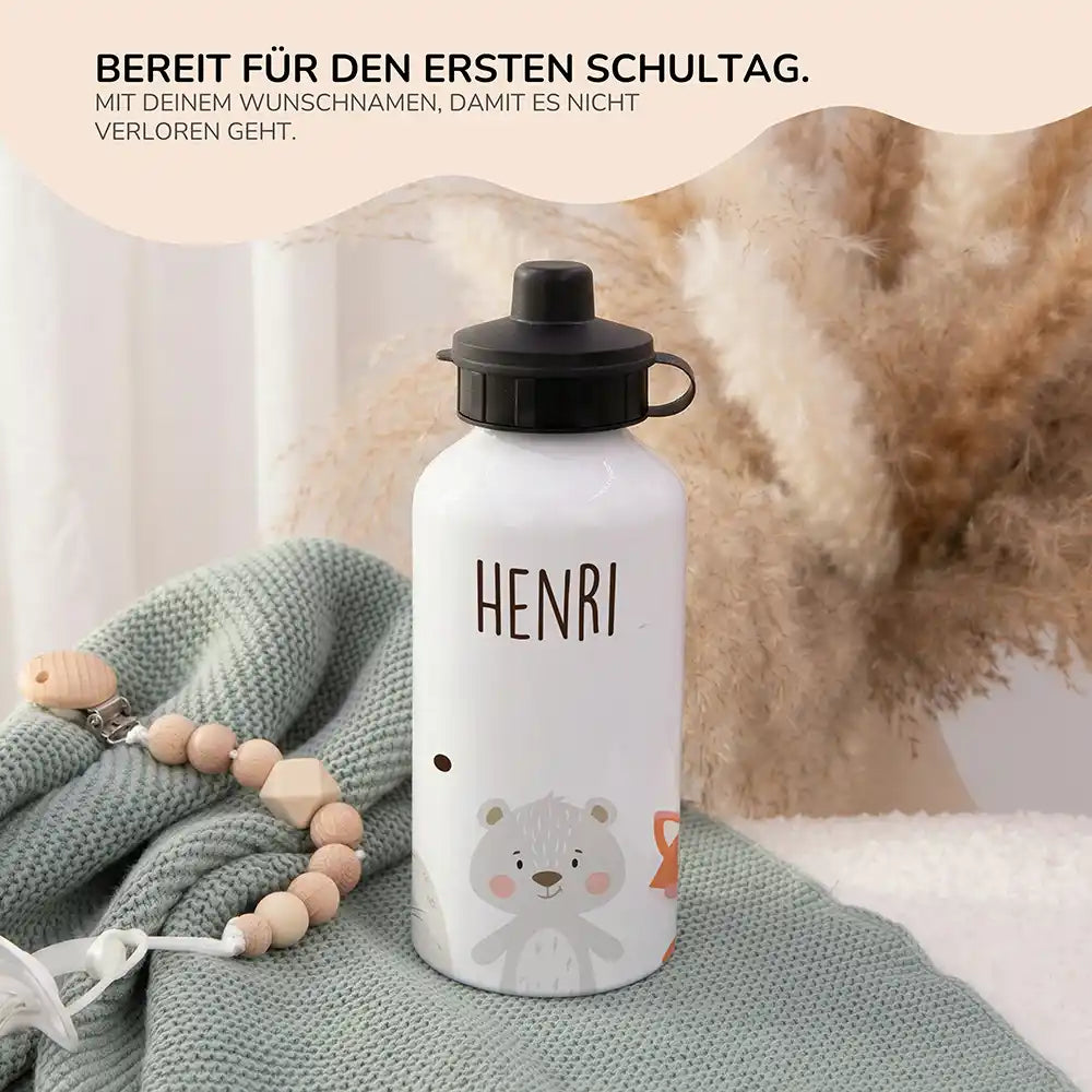 Personalisierte Trinkflasche Kinder Bär & Fuchs – 2in1 zur Einschulung