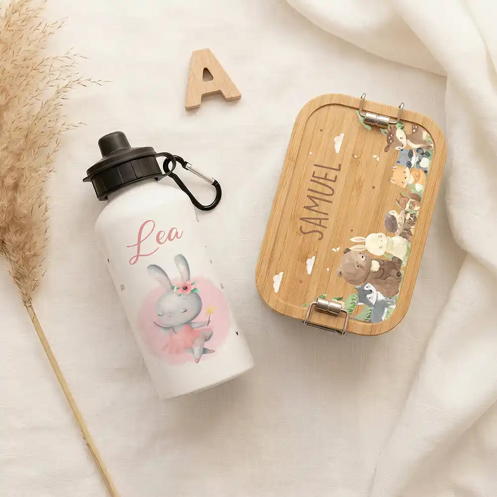 Personalisierte Trinkflasche Kinder Hase Ballerina – zwei Verschlüsse personalisiert mit Namen