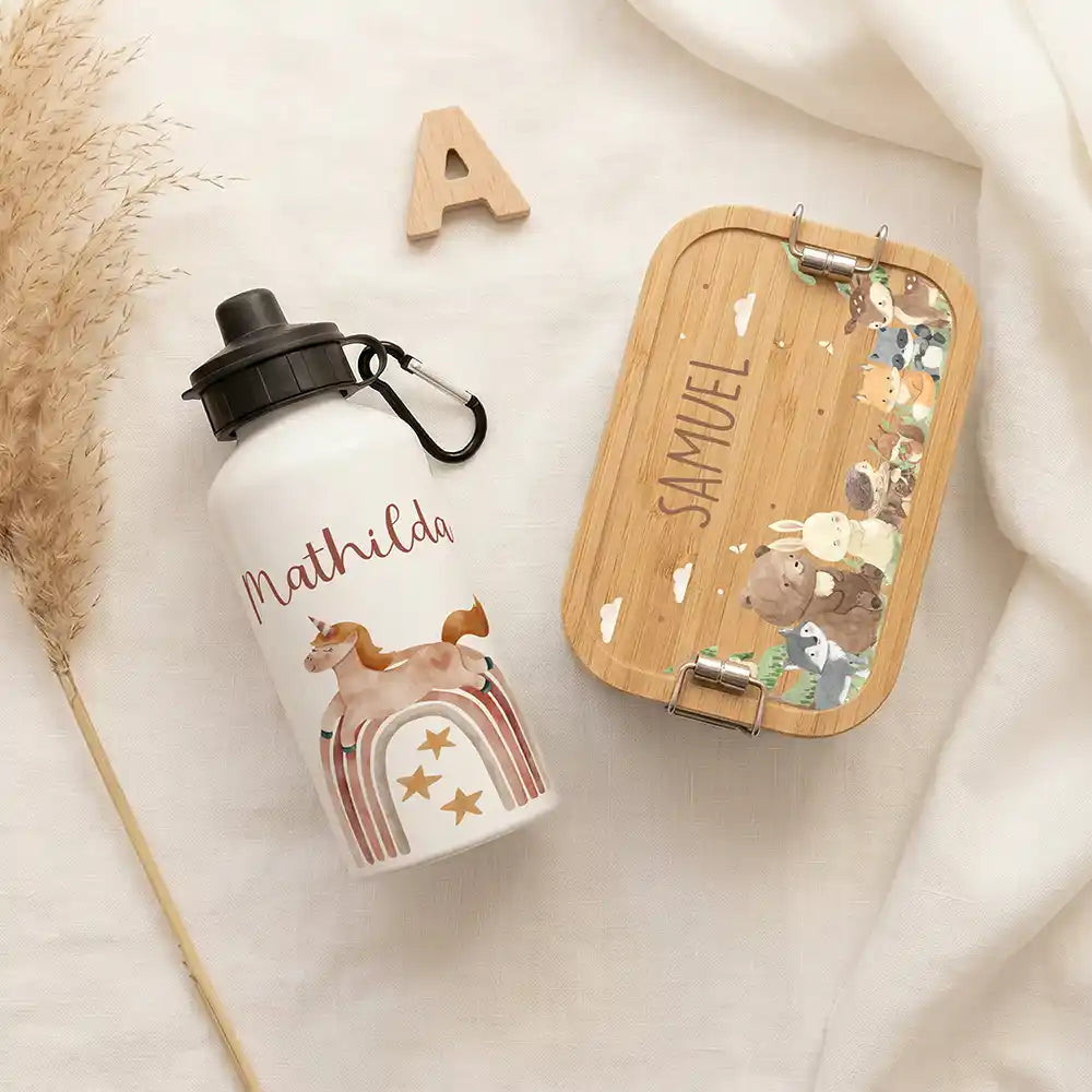 Personalisierte Trinkflasche Kinder Einhorn Boho-Regenbogen – Geschenk zur Einschulung & Taufe