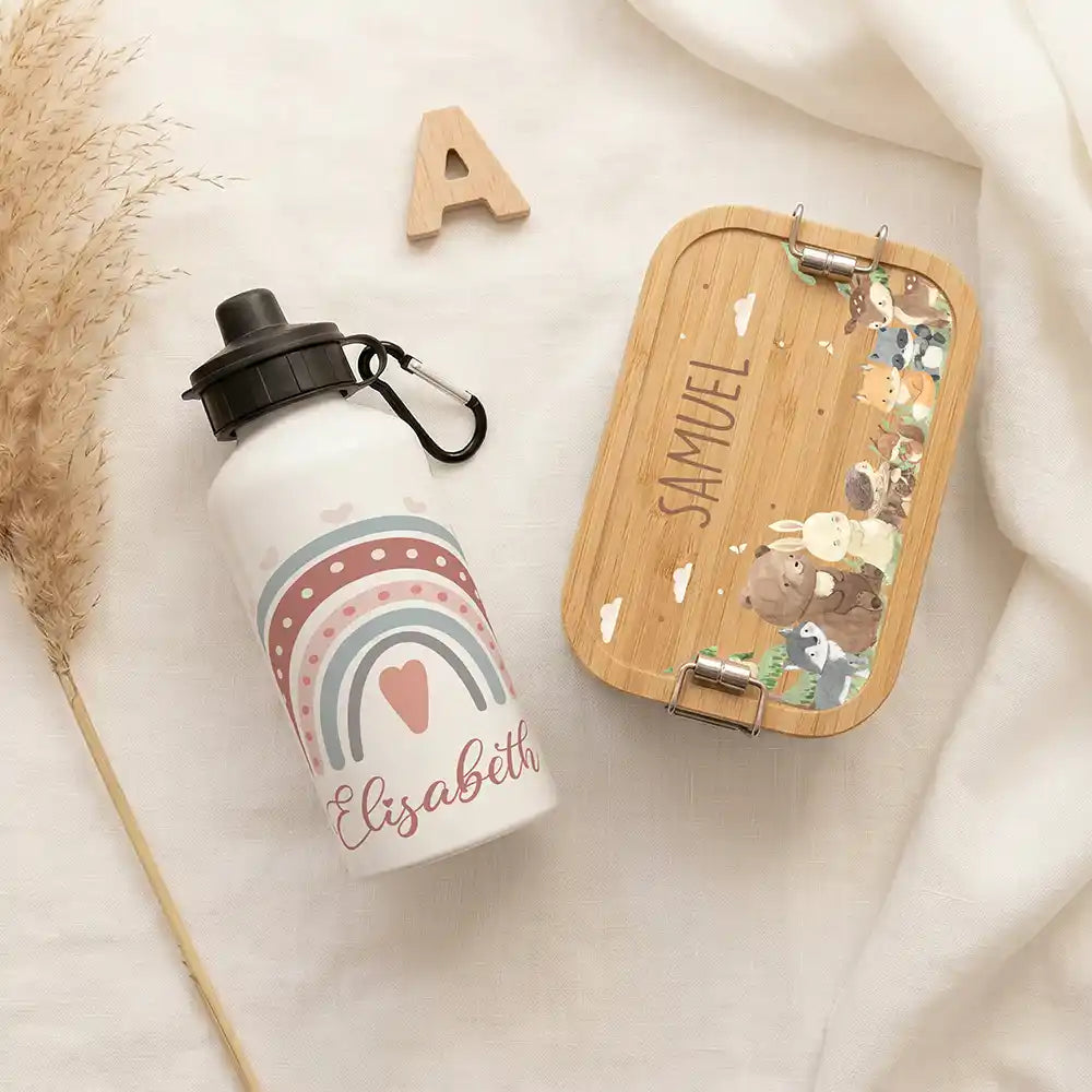 Personalisierte Trinkflasche Kinder Boho-Regenbogen Herzen – Geschenk zur Einschulung & Taufe