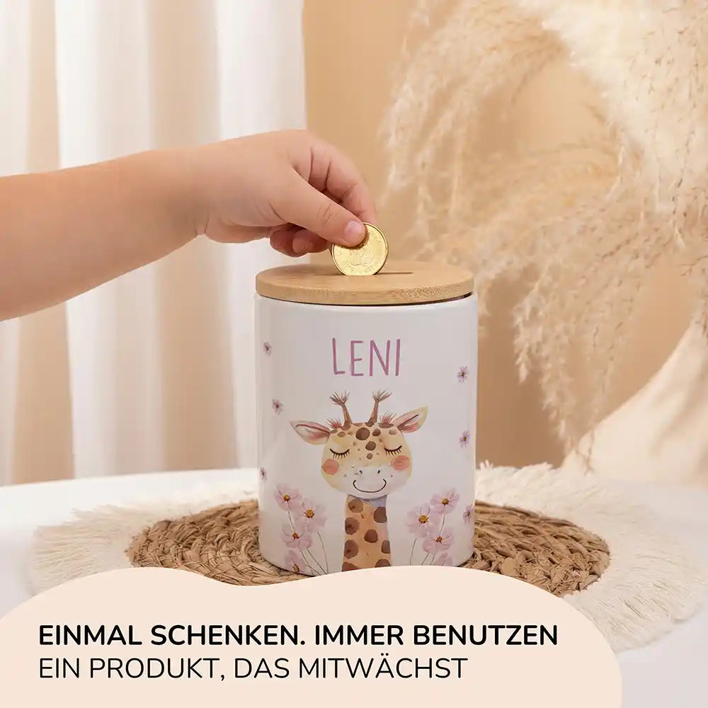 Personalisierte Spardose Giraffe Blumen – Keramik & Bambus mit Wunschname