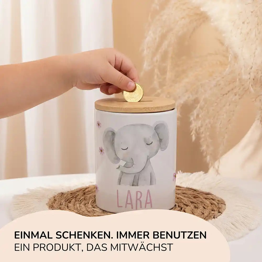 Personalisierte Spardose Elefant Blumen – Keramik & Bambus mit Wunschname