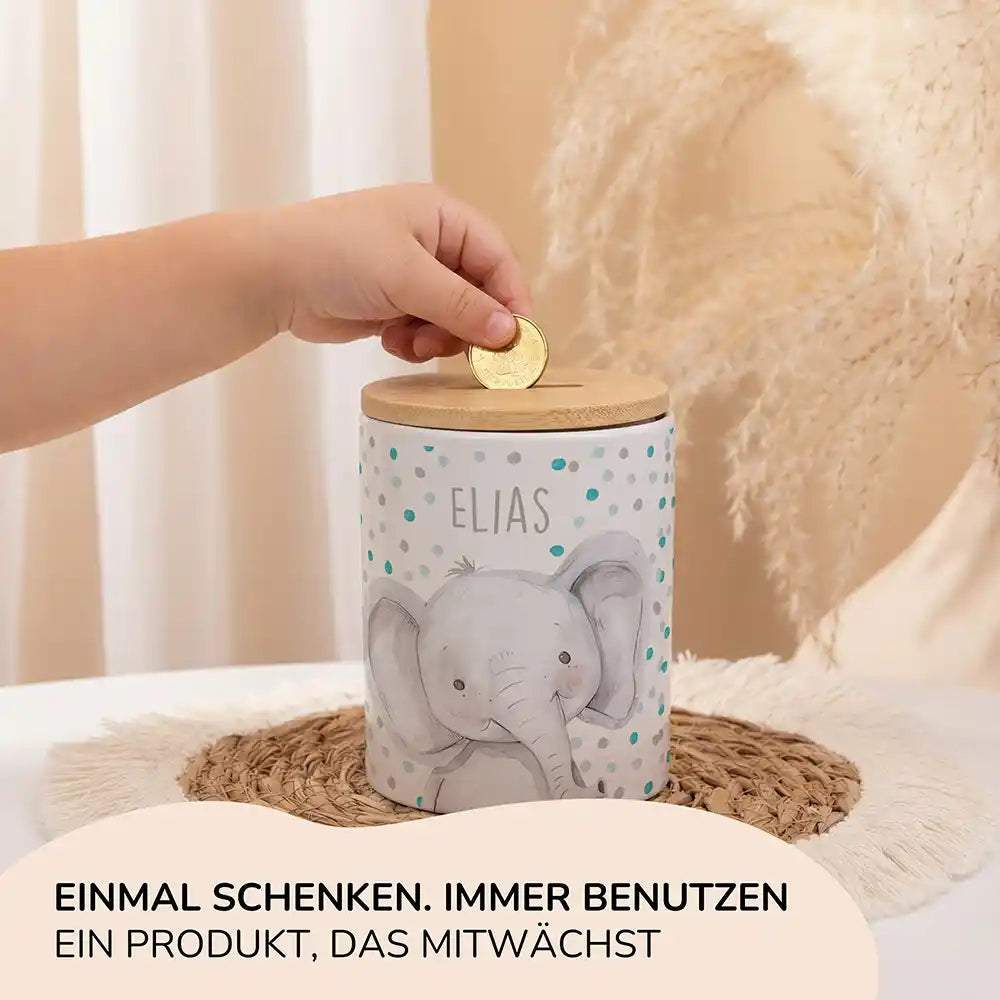 Personalisierte Spardose Elefant Konfetti – Keramik & Bambus mit Wunschname