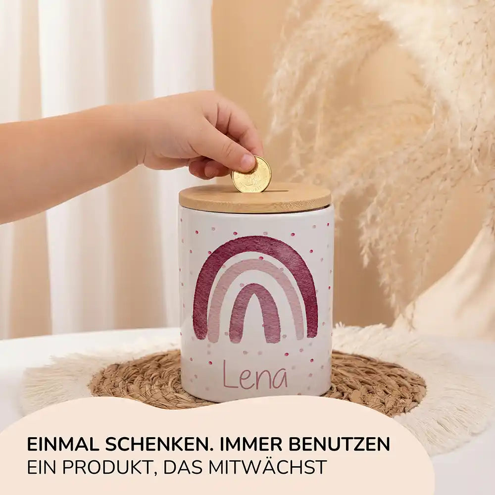 Personalisierte Spardose Regenbogen Rosa – Keramik & Bambus mit Wunschname