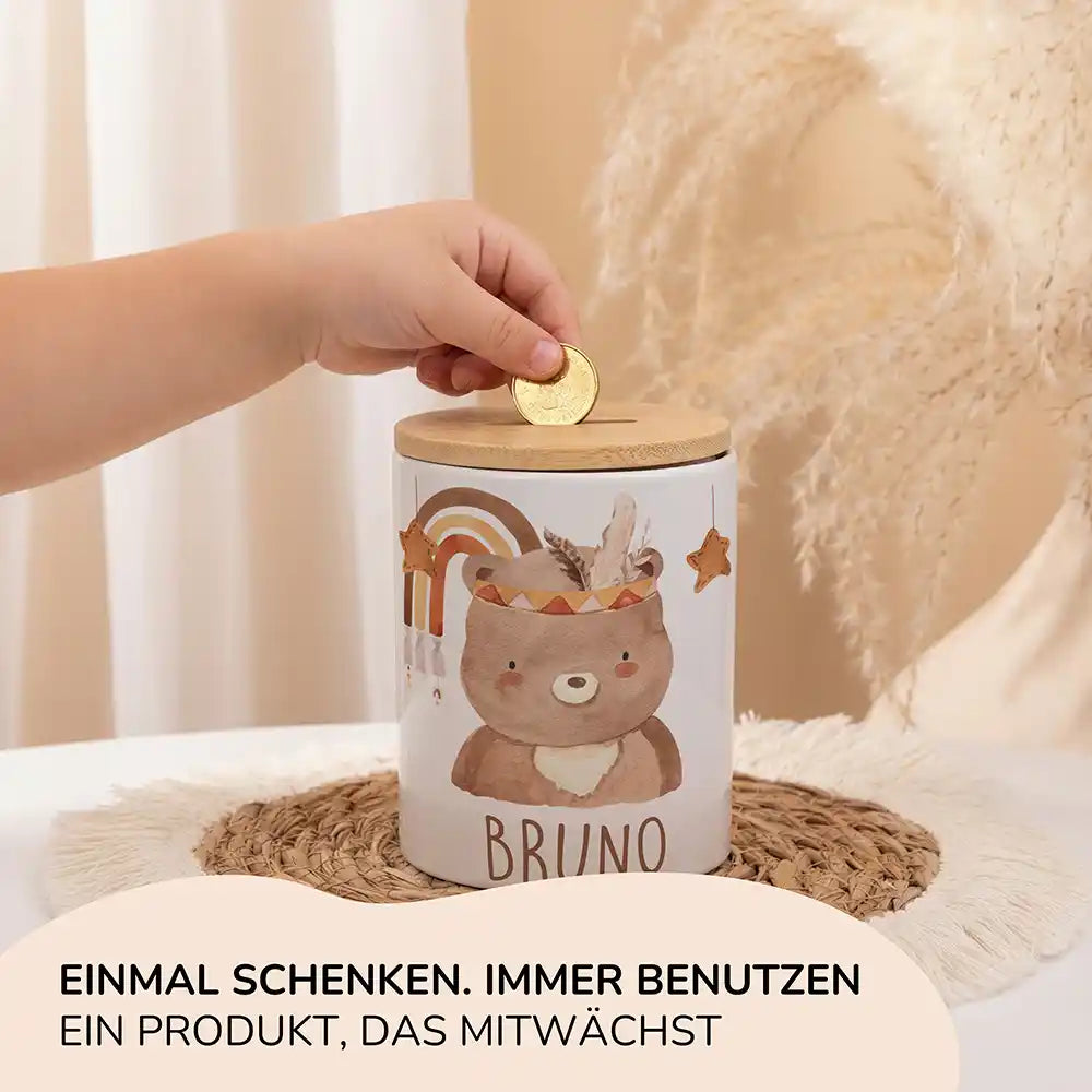 Personalisierte Spardose Boho-Bär – Keramik & Bambus mit Wunschname