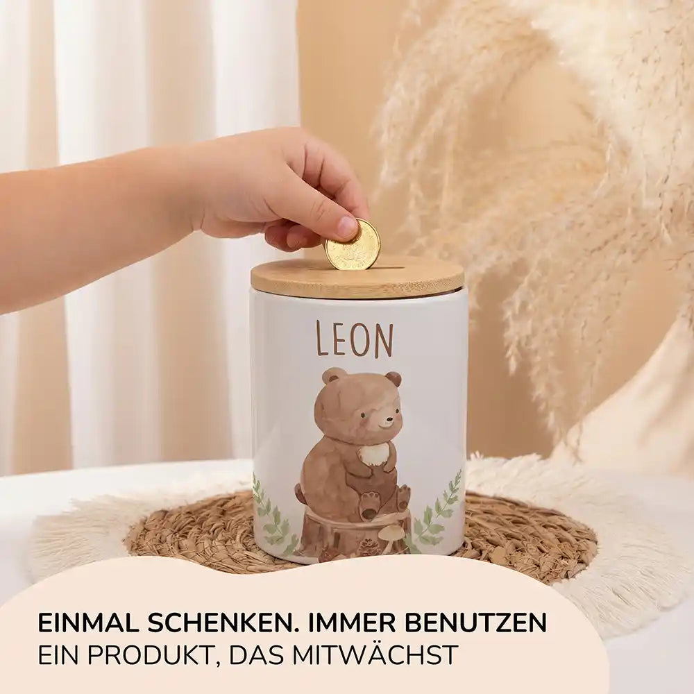 Personalisierte Spardose Bär Wald – Keramik & Bambus mit Wunschname