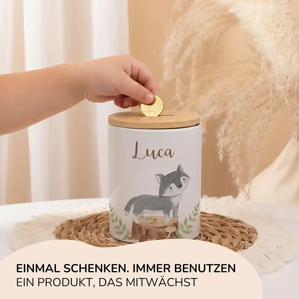 Personalisierte Spardose Wolf Wald – Keramik & Bambus mit Wunschname