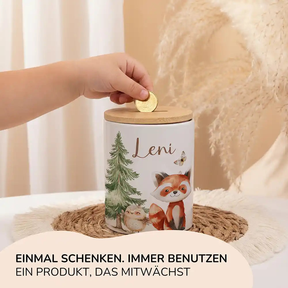 Personalisierte Spardose Roter Panda & Eule – Keramik & Bambus mit Wunschname