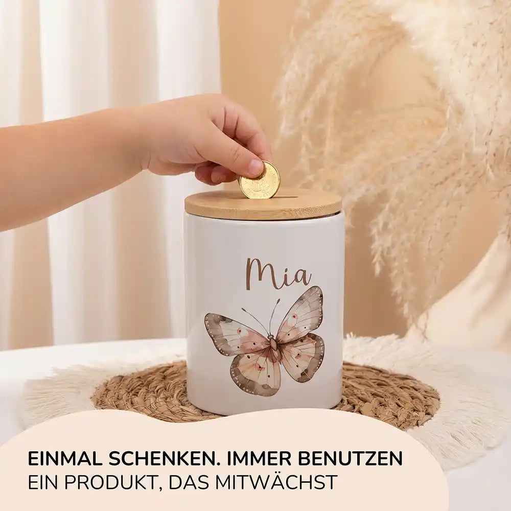 Personalisierte Spardose Schmetterling – Keramik & Bambus mit Wunschname