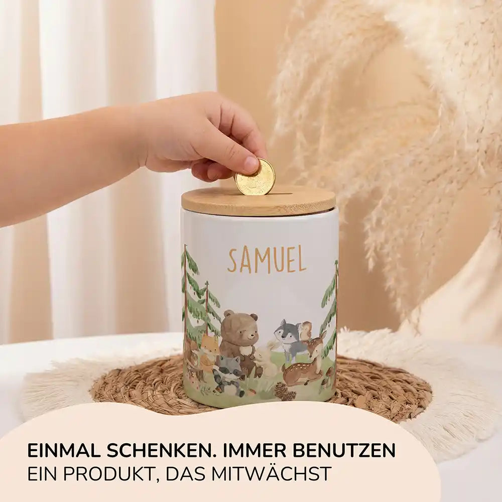 Personalisierte Spardose Waldfreunde II – Keramik & Bambus mit Wunschname