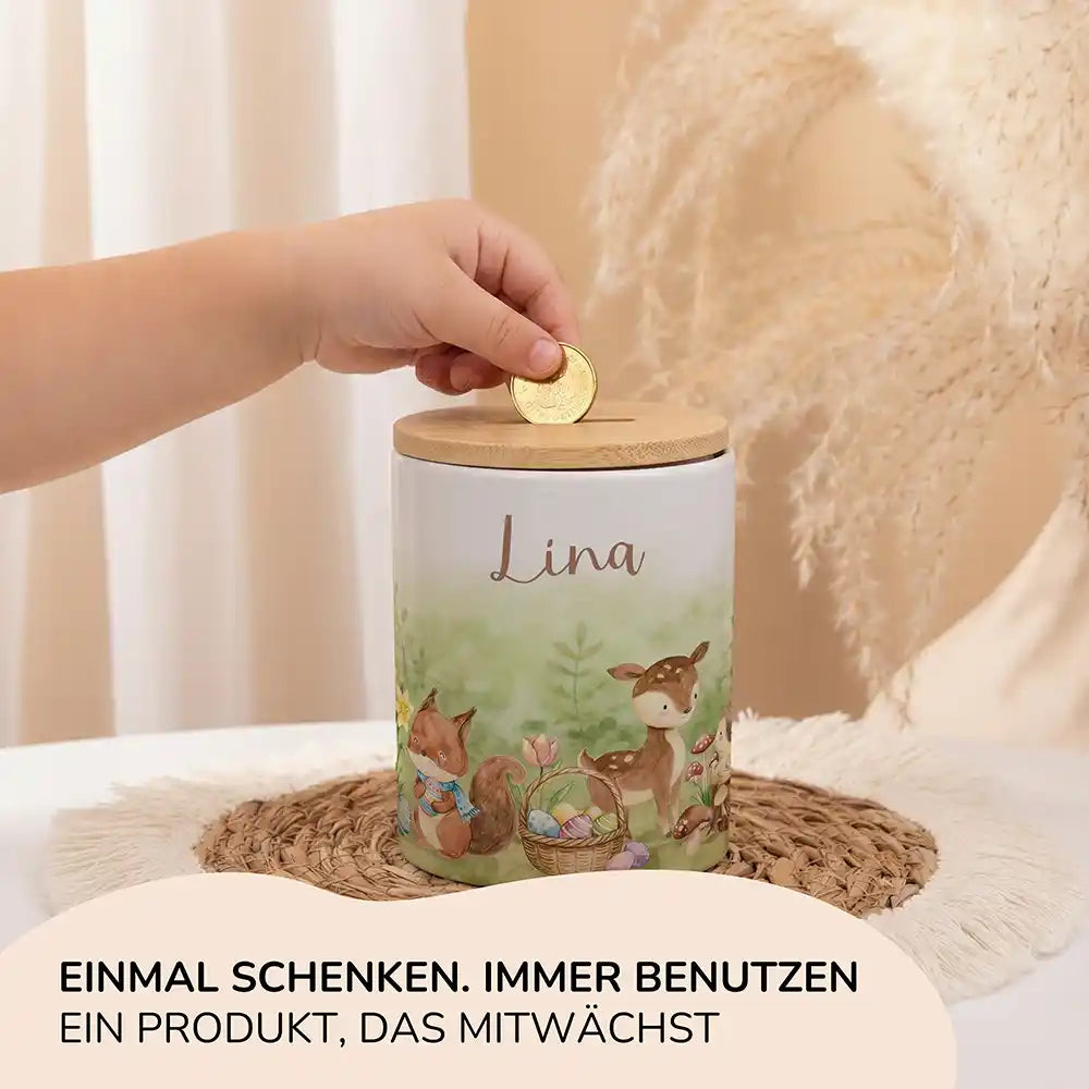 Personalisierte Spardose Ostern Reh & Fuchs – Keramik & Bambus mit Wunschname