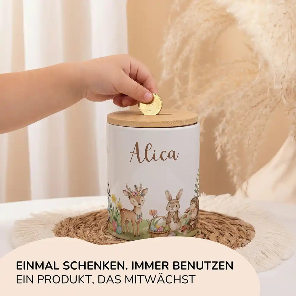 Personalisierte Spardose Ostern Waldtiere-Treff – Keramik & Bambus mit Wunschname